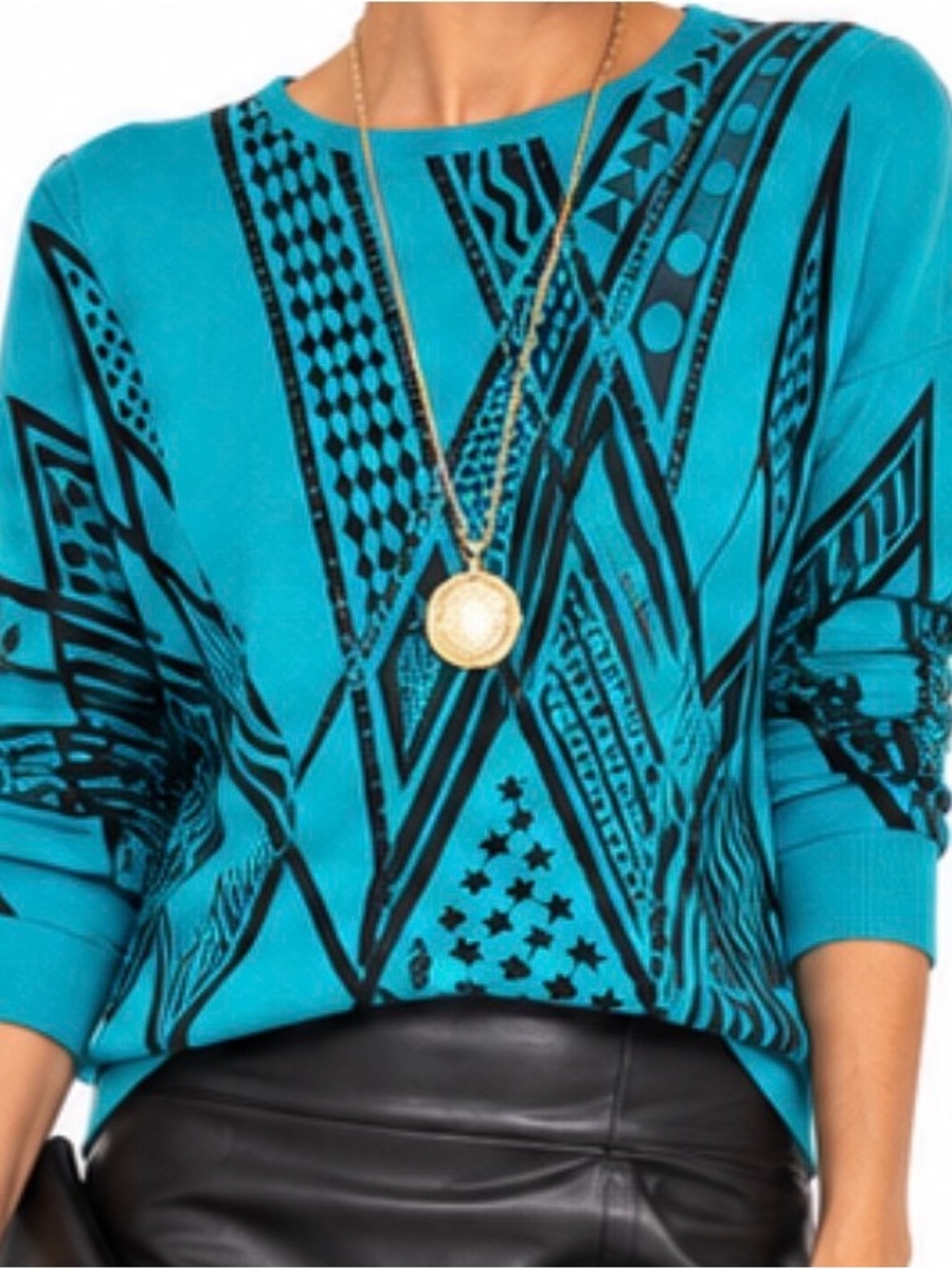 Bob Mackie Wearable Art Sweater Turquoise Black Geometric Art Deco 90s / Small